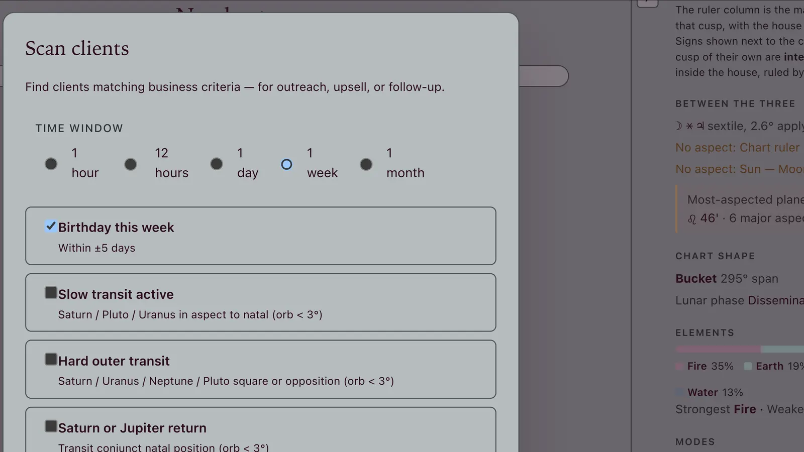 Filter clients dialog with criteria checkboxes